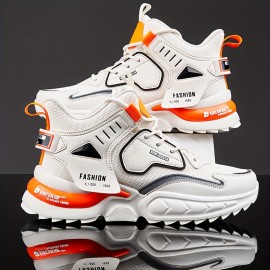 Men's Solid Trendy Chunky Shoes With Shock Absorption, Comfy Non Slip Lace Up Sneakers For Men's Outdoor Activities