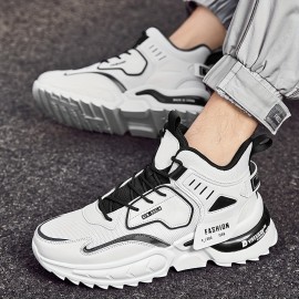 Men's Solid Trendy Chunky Shoes With Shock Absorption, Comfy Non Slip Lace Up Sneakers For Men's Outdoor Activities