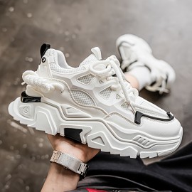 Men'S Breathable Mesh Sneakers with Thick Cushioned Sole - Lightweight Low-Top Lace-Up Shoes for Casual, Running & Outdoor Activities - All-Season Comfort, & Accents, Synthetic Synthetic Faux Upper, Round Toe Design, Hiking Footwear