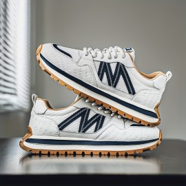 Men'S Breathable Fashion Sneakers - Lightweight, Durable Thick Sole Casual Shoes, Low-Top Lace-Up, All-Season Wear, White with Blue & Black Accents, Everyday Sneakers | Trendy Dad Shoes | Comfortable Fit