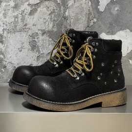 Vintage-Inspired • Distressed Red Chunky Platform Boots • Unisex Lace-Up Ankle Boots with Thick Rubber Sole & Fabric Upper • All-Season Casual & Party Wear