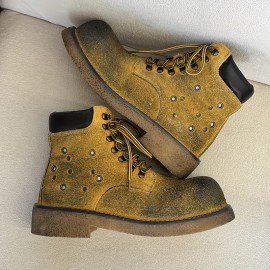 Vintage-Inspired • Distressed Red Chunky Platform Boots • Unisex Lace-Up Ankle Boots with Thick Rubber Sole & Fabric Upper • All-Season Casual & Party Wear