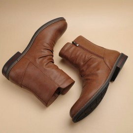 Men'S Slip-On Zipper Closure Ankle Boots - Faux Cover, Brown, Round Toe, Rubber Sole, Casual & Formal Wear, Casual Footwear | Sleek Boot Design | Durable Rubber Sole