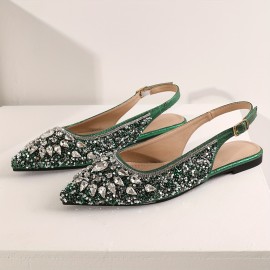 Sparkling Rhinestone-Encrusted Women's Pointed-Toe Mules - Elegant Open-Toe Sandals with Ankle Strap & Buckle Closure, Glittering Synthetic Cover Upper, Comfortable Flat Heel for Parties, Weddings, Semi-Formal Events - All-Season Versatile Dress Shoes, Low Heel Sandals for Women, Wide Fit Shoes for Women Plus Size, Sandals for Women High Quality, Womens Shoes Dressy, Flat Shoes for Women Elegant