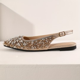 Sparkling Rhinestone-Encrusted Women's Pointed-Toe Mules - Elegant Open-Toe Sandals with Ankle Strap & Buckle Closure, Glittering Synthetic Cover Upper, Comfortable Flat Heel for Parties, Weddings, Semi-Formal Events - All-Season Versatile Dress Shoes, Low Heel Sandals for Women, Wide Fit Shoes for Women Plus Size, Sandals for Women High Quality, Womens Shoes Dressy, Flat Shoes for Women Elegant