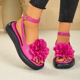 Women's Summer Platform Sandals with Large Floral Decor - Adjustable Ankle Strap, Soft Cushioned Insole & Arch Support, Thick Sole - Green Faux Cover Beach Shoes for Vacation, Party, Casual Outfits - Comfortable Flat Sandals for Women