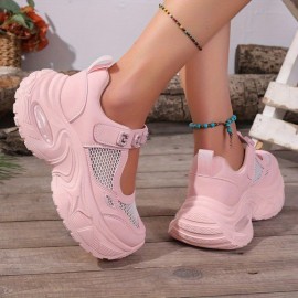 [Casual Attire] Breathable Mesh Mary Jane Shoes - Women's Summer Casual Sneakers with Thick Cushioned Sole, Closure & Round Toe - White & Pink