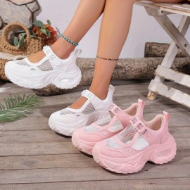 [Casual Attire] Breathable Mesh Mary Jane Shoes - Women's Summer Casual Sneakers with Thick Cushioned Sole, Closure & Round Toe - White & Pink