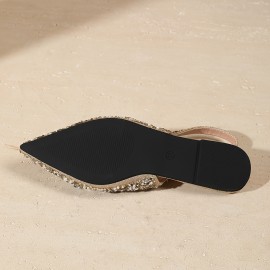 3638-1 Summer Elegant Luxury Women's Golden Silvery Rhinestone Open Back Flat Toe Studded Walking Party Commute Office Sandals