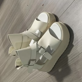 Women'S Fashionable Thick Sole Sandals - Beige, Open-Toe, Buckle Closure, Flat Heel, Synthetic Upper & Insole, Rubber Sole, Casual Footwear|Buckle Closure Sandals|Rubber Sole Sandals