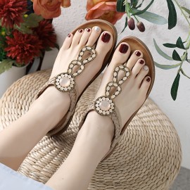 Summer Bohemian Toe - post Sandals for Women, Beaded Braided Thick - soled Retro Ethnic - style Casual Beach Shoes