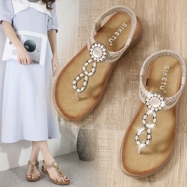 Summer Bohemian Toe - post Sandals for Women, Beaded Braided Thick - soled Retro Ethnic - style Casual Beach Shoes