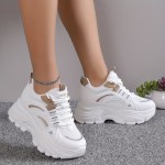 Women's Solid Color Mesh Sneakers, Lace Up Low-top Round Toe Heightening Thick Sole Trainers, Versatile Comfy Shoes