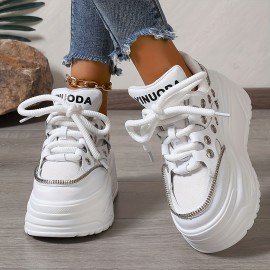 Women's Chunky Platform Sneakers - Mid Top EVA Lace-up Fashion Shoes with Round Toe, Fabric Upper & Lining, Polyurethane Sole for All-Season Comfort