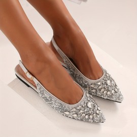 Sparkling Rhinestone-Encrusted Women's Pointed-Toe Mules - Elegant Open-Toe Sandals with Ankle Strap & Buckle Closure, Glittering Synthetic Cover Upper, Comfortable Flat Heel for Parties, Weddings, Semi-Formal Events - All-Season Versatile Dress Shoes, Low Heel Sandals for Women, Wide Fit Shoes for Women Plus Size, Sandals for Women High Quality, Womens Shoes Dressy, Flat Shoes for Women Elegant